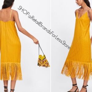 ZARA MARYGOLD POPPY YELLOW TEXTURED KNIT FULLY LINED FRINGE MIDI DRESS